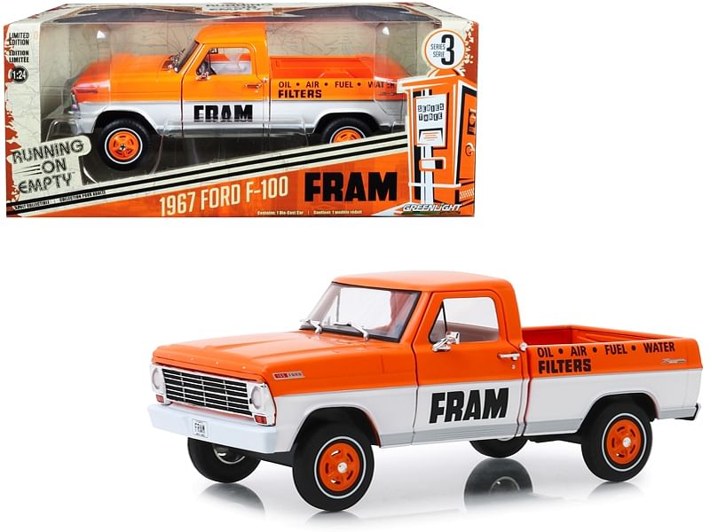 1967 Ford F-100 Pickup Truck Orange and White “FRAM Oil Filters” “Running on Empty” Series 3 1/24 Diecast Model Car by Greenlight