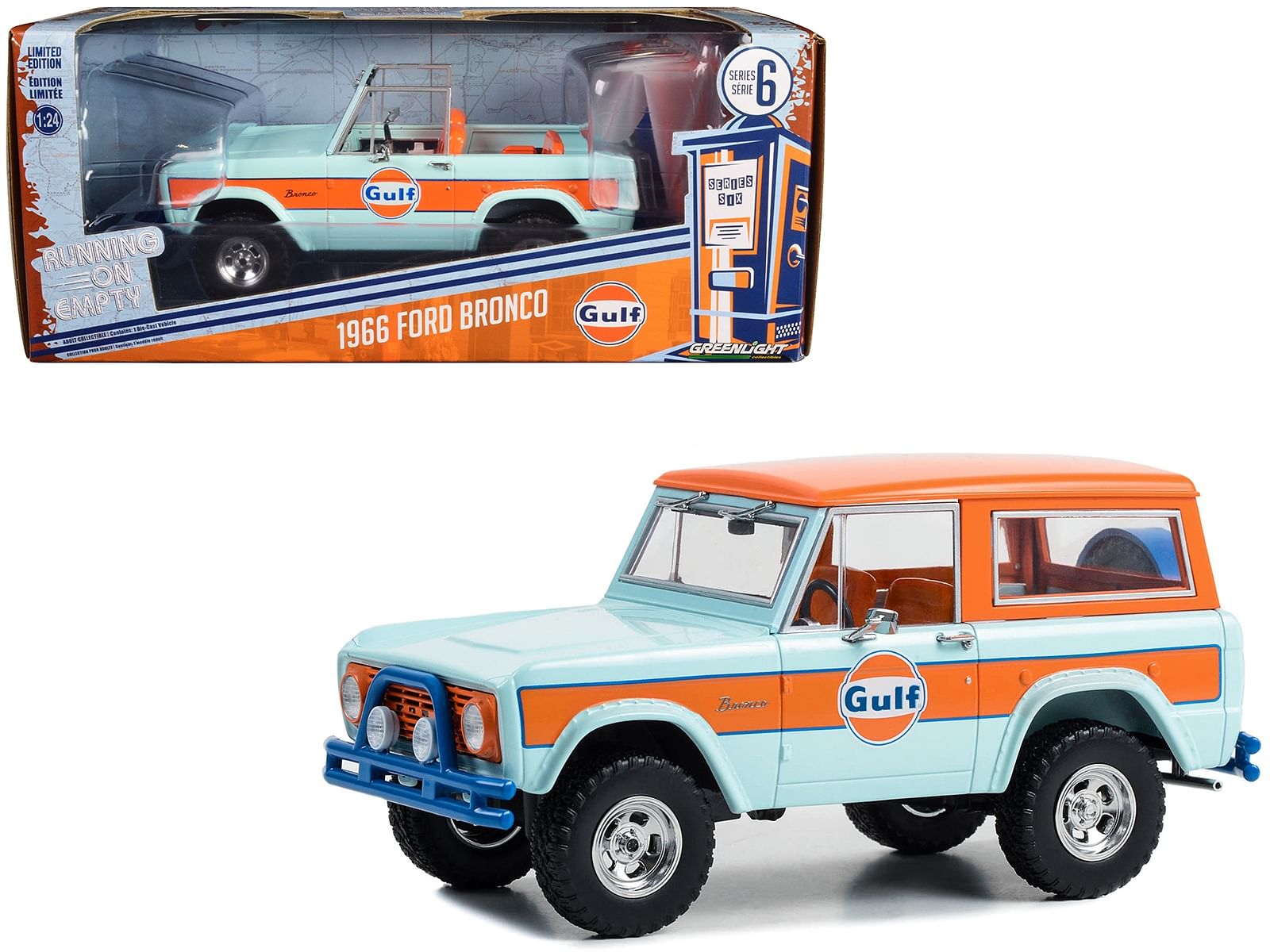 1966 Ford Bronco Light Blue with Orange Stripes and Top “Gulf Oil” “Running on Empty” Series 6 1/24 Diecast Model Car by Greenlight