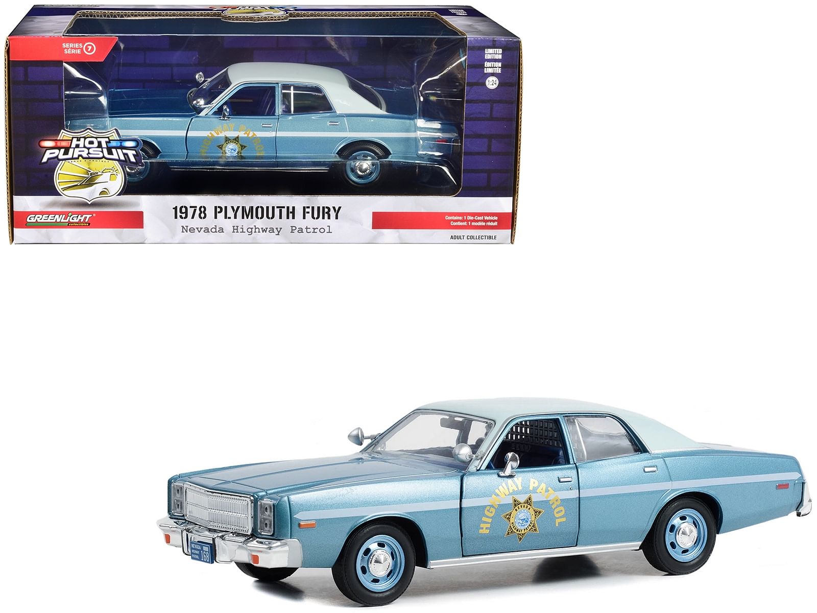 1978 Plymouth Fury Slicktop Blue Metallic with White Top “Nevada Highway Patrol” “Hot Pursuit” Series 1/24 Diecast Model Car by Greenlight