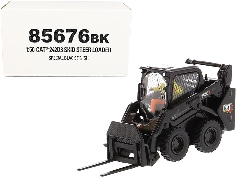 CAT Caterpillar 242D3 Wheeled Skid Steer Loader with Work Tools and Operator Special Black Paint “High Line Series” 1/50 Diecast Model by Diecast Masters