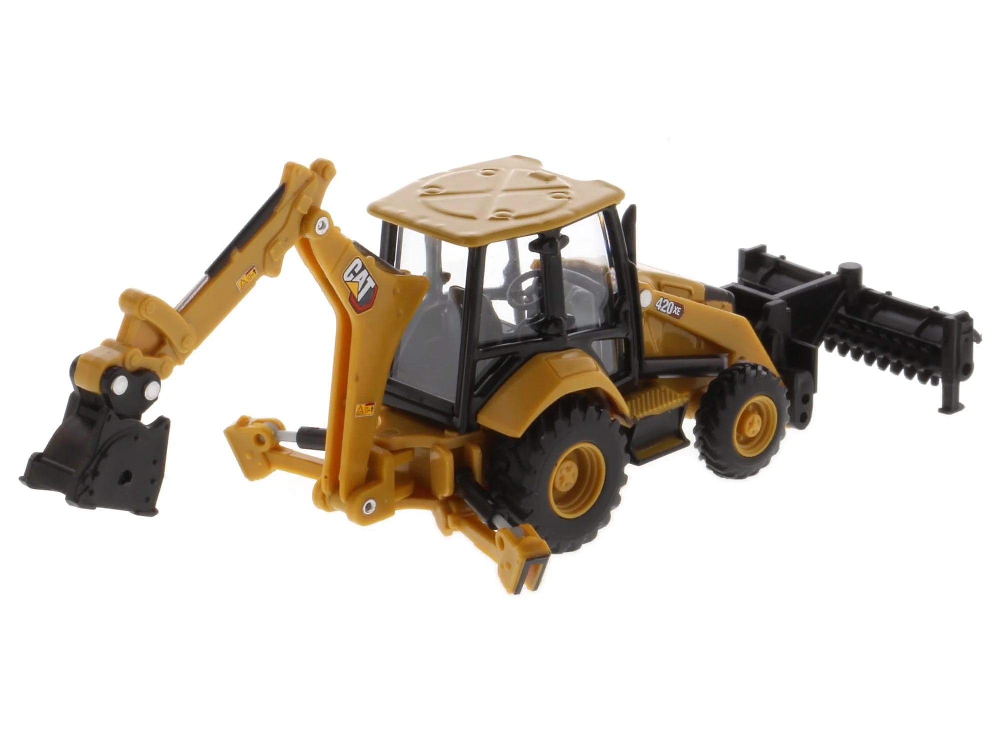 CAT Caterpillar 420 XE Backhoe Loader with Work Tools Yellow 1/64 Diecast Model by Diecast Masters - Image 2