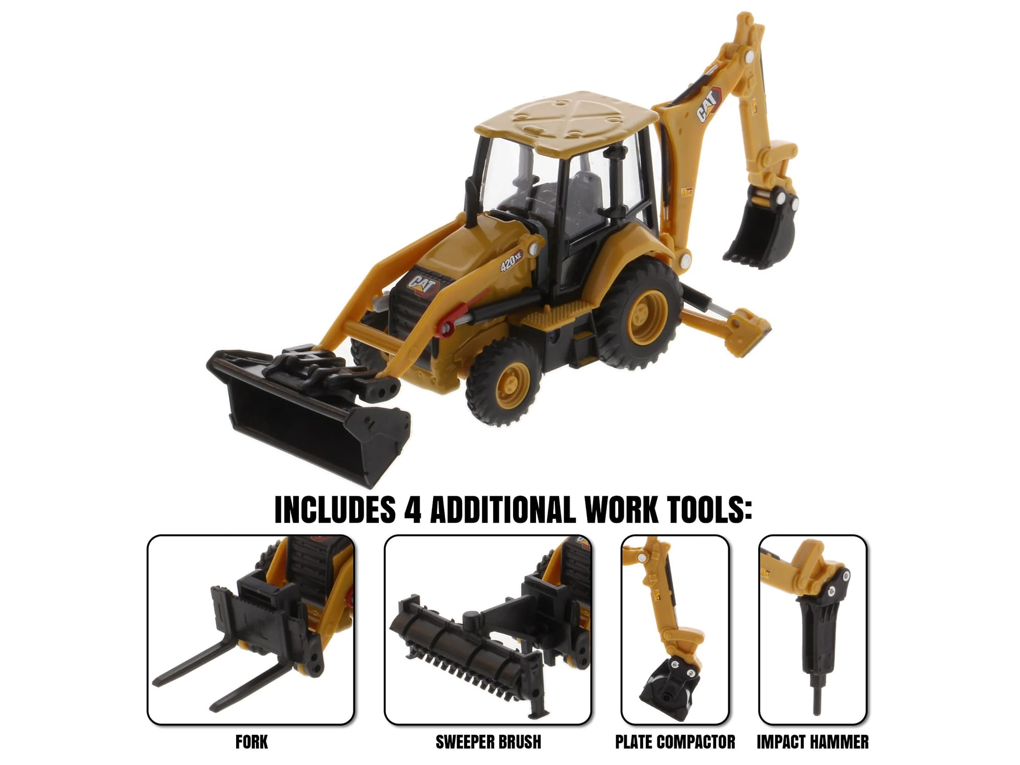 CAT Caterpillar 420 XE Backhoe Loader with Work Tools Yellow 1/64 Diecast Model by Diecast Masters - Image 3