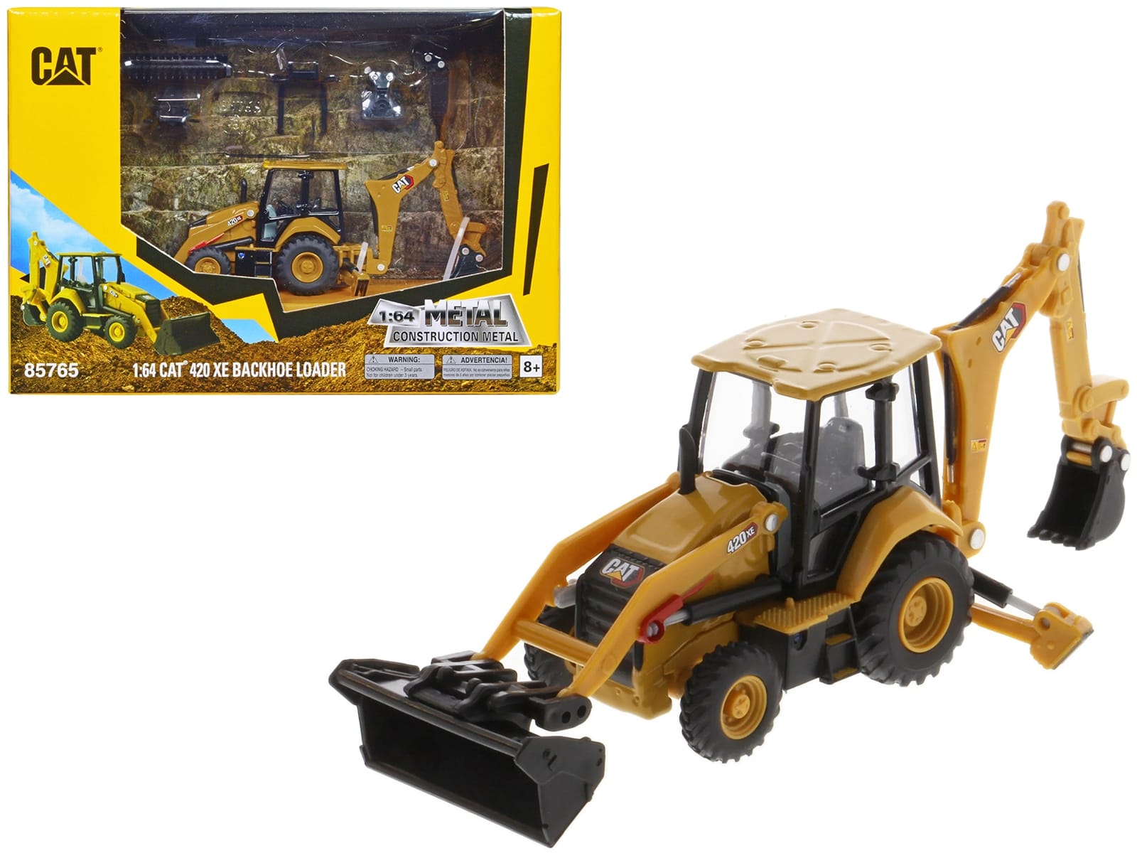 CAT Caterpillar 420 XE Backhoe Loader with Work Tools Yellow 1/64 Diecast Model by Diecast Masters - Image 4