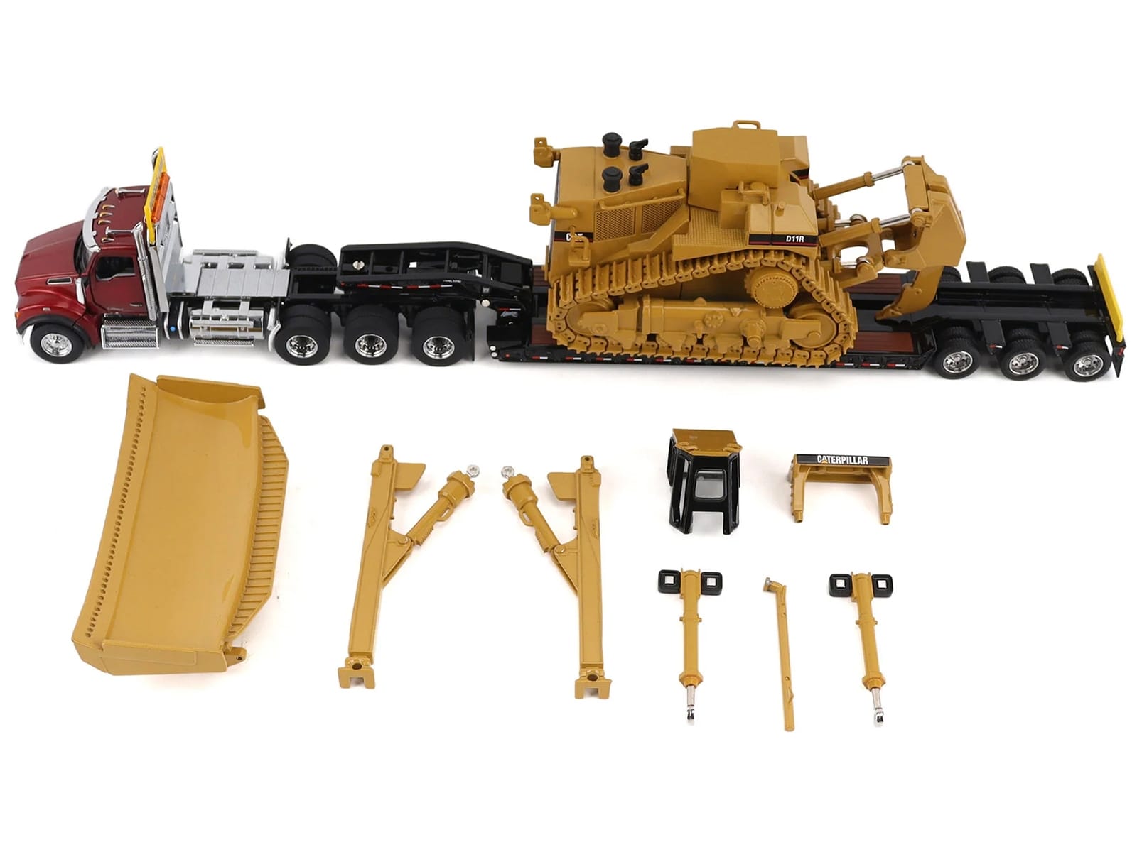Kenworth T880 Day Cab Red and Trail King TK120 Lowboy Trailer with CAT Caterpillar D11R Dozer and Components Load "Transport Series" 1/50 Diecast Model by Diecast Masters - Image 2