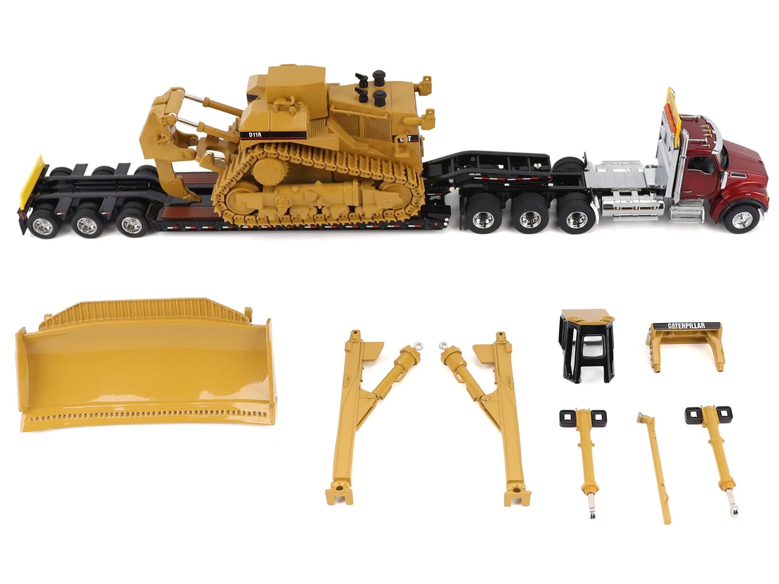 Kenworth T880 Day Cab Red and Trail King TK120 Lowboy Trailer with CAT Caterpillar D11R Dozer and Components Load "Transport Series" 1/50 Diecast Model by Diecast Masters - Image 4