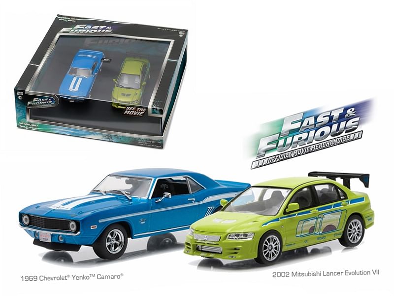 1969 Chevrolet Yenko Camaro Blue and 2002 Mitsubishi Lancer Evolution VII Green (Drag Scene) “2 Fast and 2 Furious” (2003) Movie Diorama Set of 2 pieces 1/43 Diecast Model Cars by Greenligh