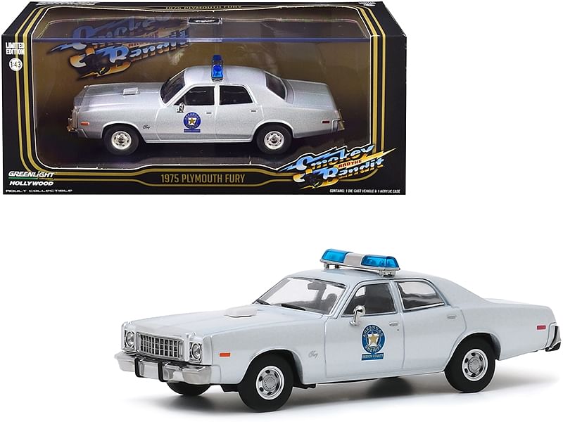 1975 Plymouth Fury Silver “Arkansas Sheriff” “Smokey and the Bandit” (1977) Movie 1/43 Diecast Model Car by Greenlight