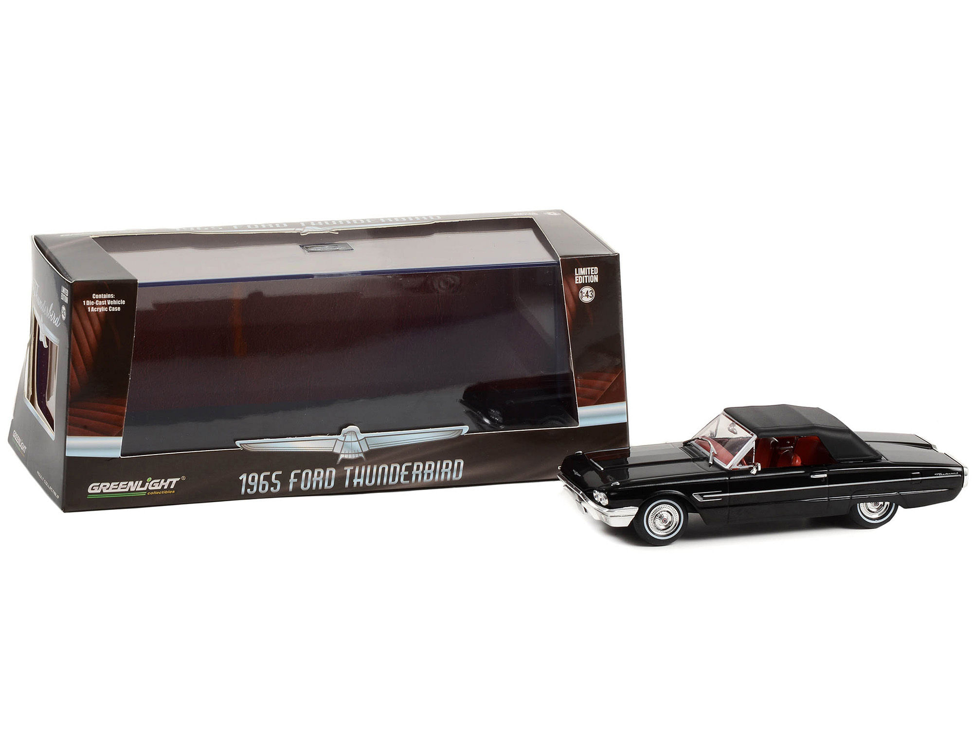 1965 Ford Thunderbird Convertible (Top-Up) Raven Black with Red Interior 1/43 Diecast Model Car by Greenlight