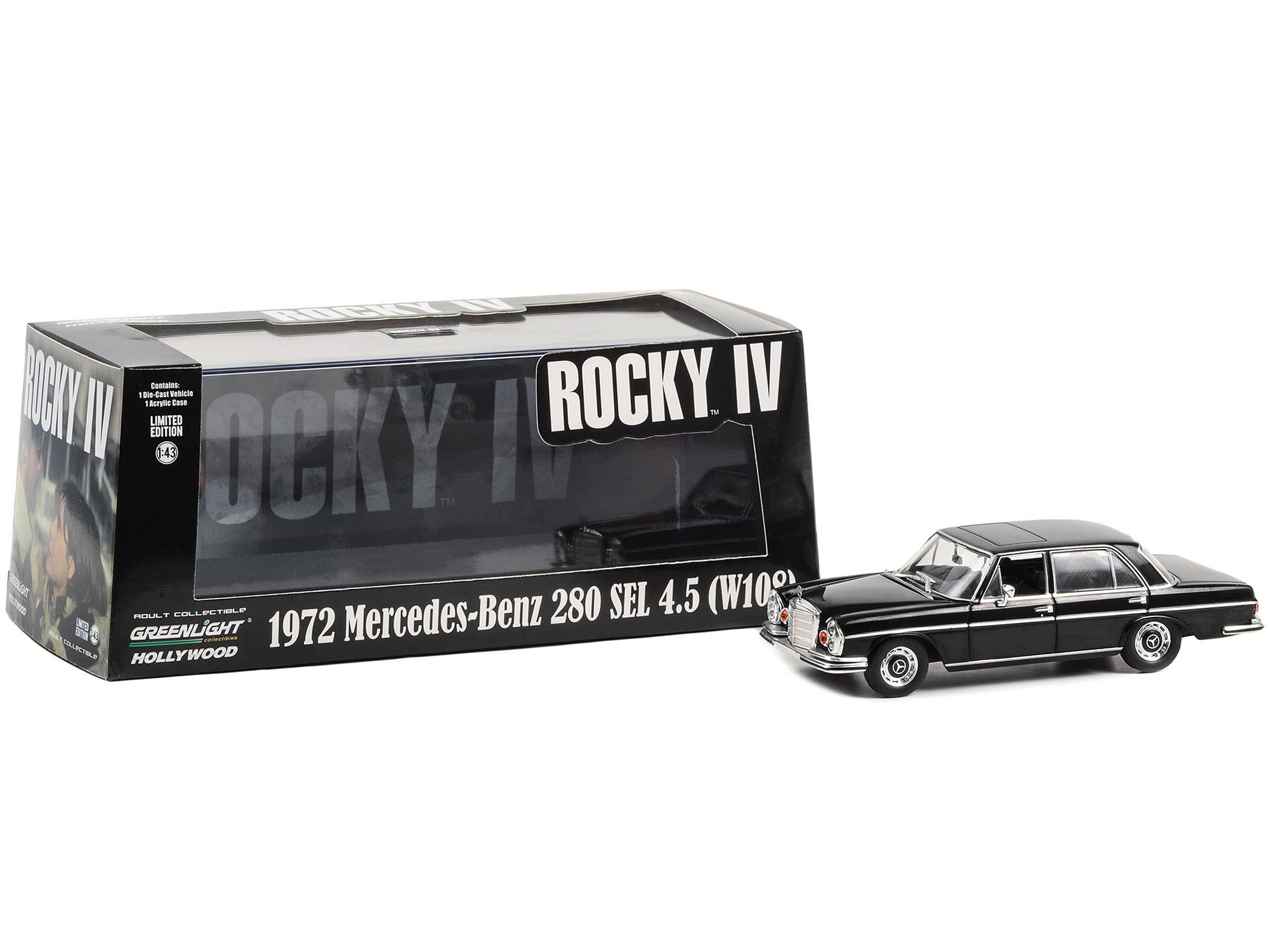 1972 Mercedes-Benz 280 SEL 4.5 (W108) Black “Rocky IV” (1985) Movie “Hollywood” Series 1/43 Diecast Model Car by Greenlight