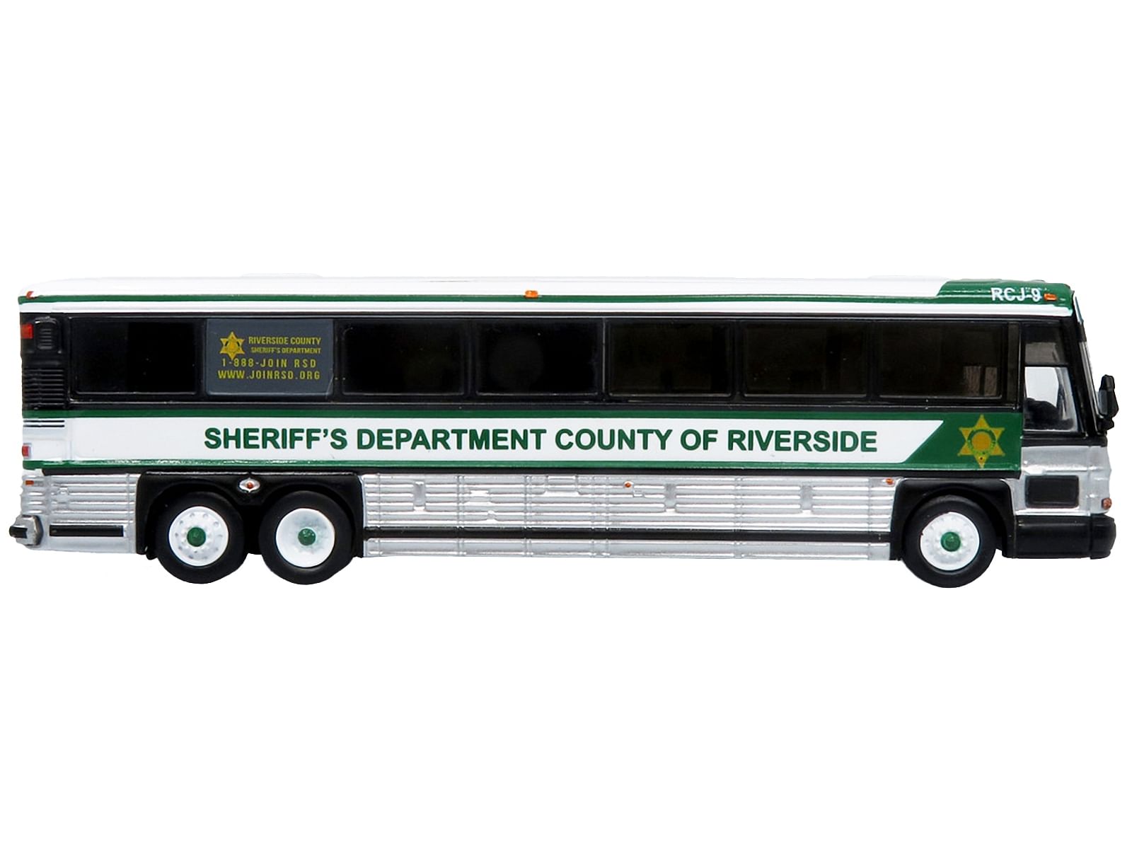 2001 MCI D4000 Coach Bus “Sheriff’s Department County of Riverside” White and Green “Vintage Bus & Motorcoach Collection” Limited Edition to 504 pieces Worldwide 1/87 (HO) Diecast Model by Iconic Replicas