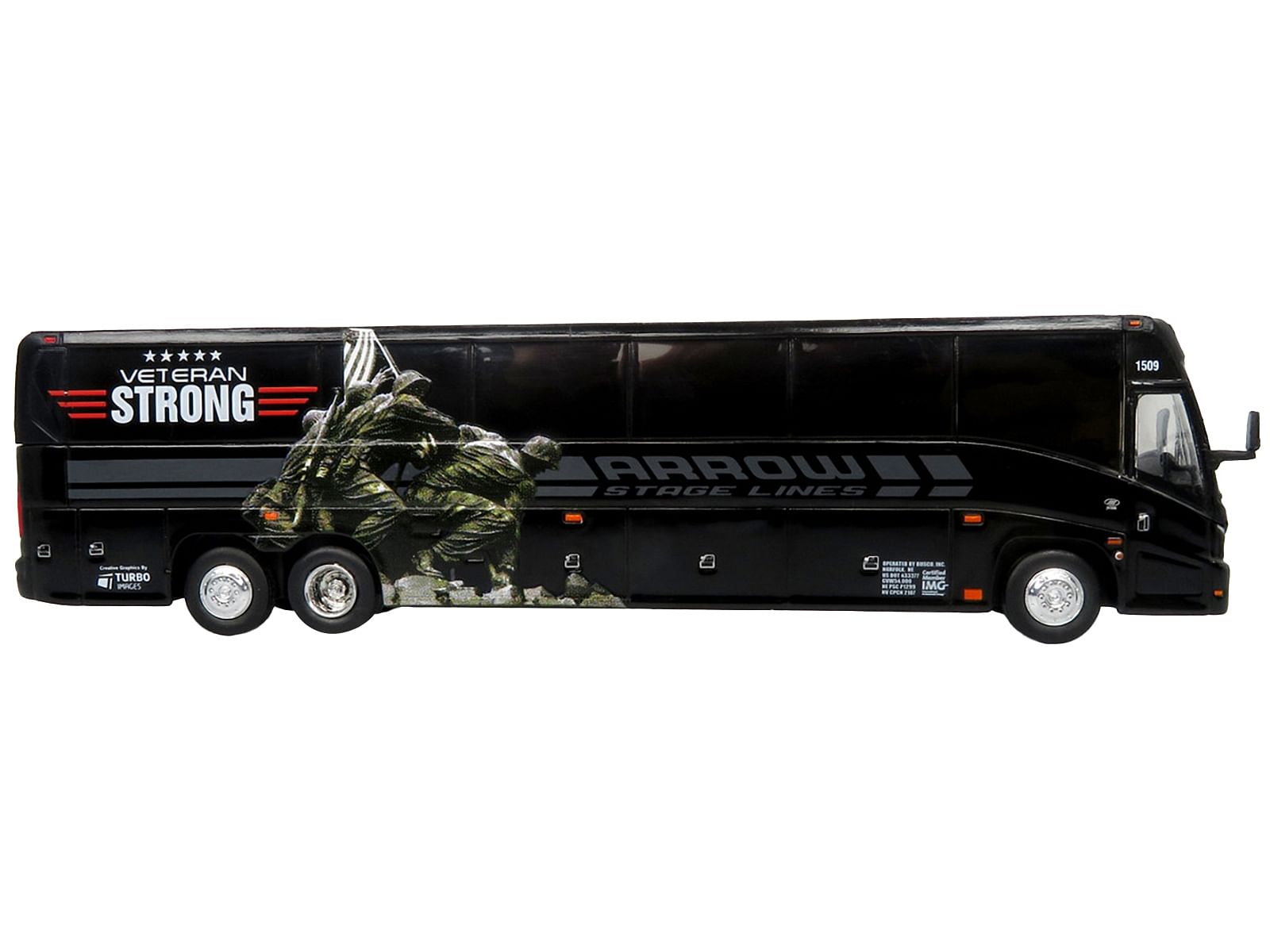 MCI J4500 Coach Bus “Arrow Stage Lines – Veteran Strong” Black “The Bus & Motorcoach Collection” Limited Edition to 504 pieces Worldwide 1/87 (HO) Diecast Model by Iconic Replicas