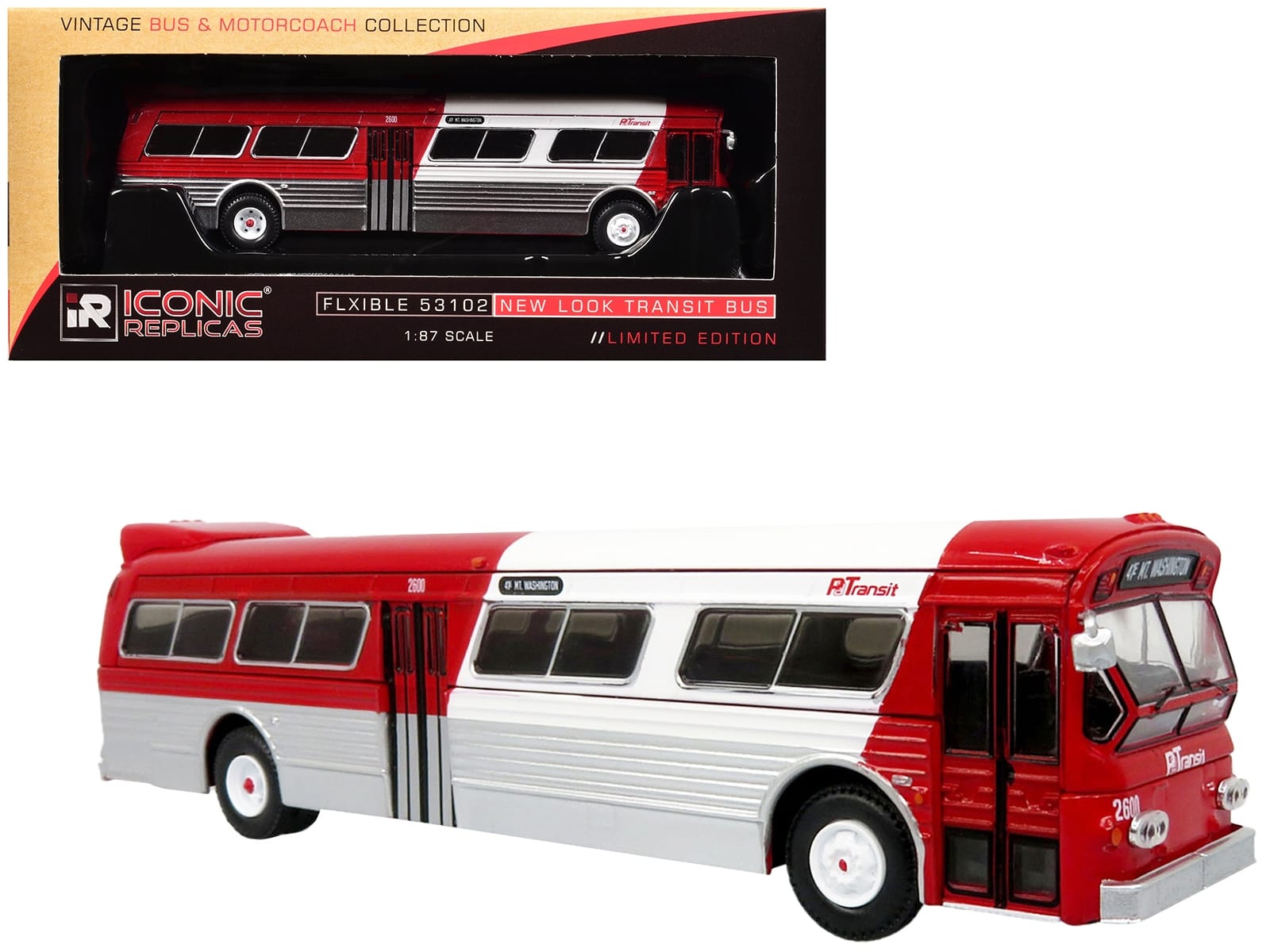 Flxible 53102 New Look Transit Bus "Pittsburgh Area Transit" Red and White "Vintage Bus & Motorcoach Collection" Limited Edition 1/87 (HO) Diecast Model by Iconic Replicas - Image 5