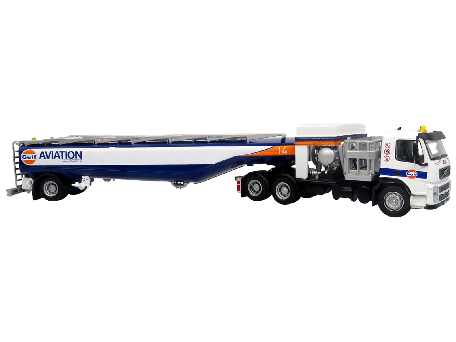 Volvo FM500 with Esterer Aviation Refueling Tanker Truck "Gulf Aviation" White with Blue Stripes Limited Edition 1/87 (HO) Diecast Model by Iconic Replicas - Image 2
