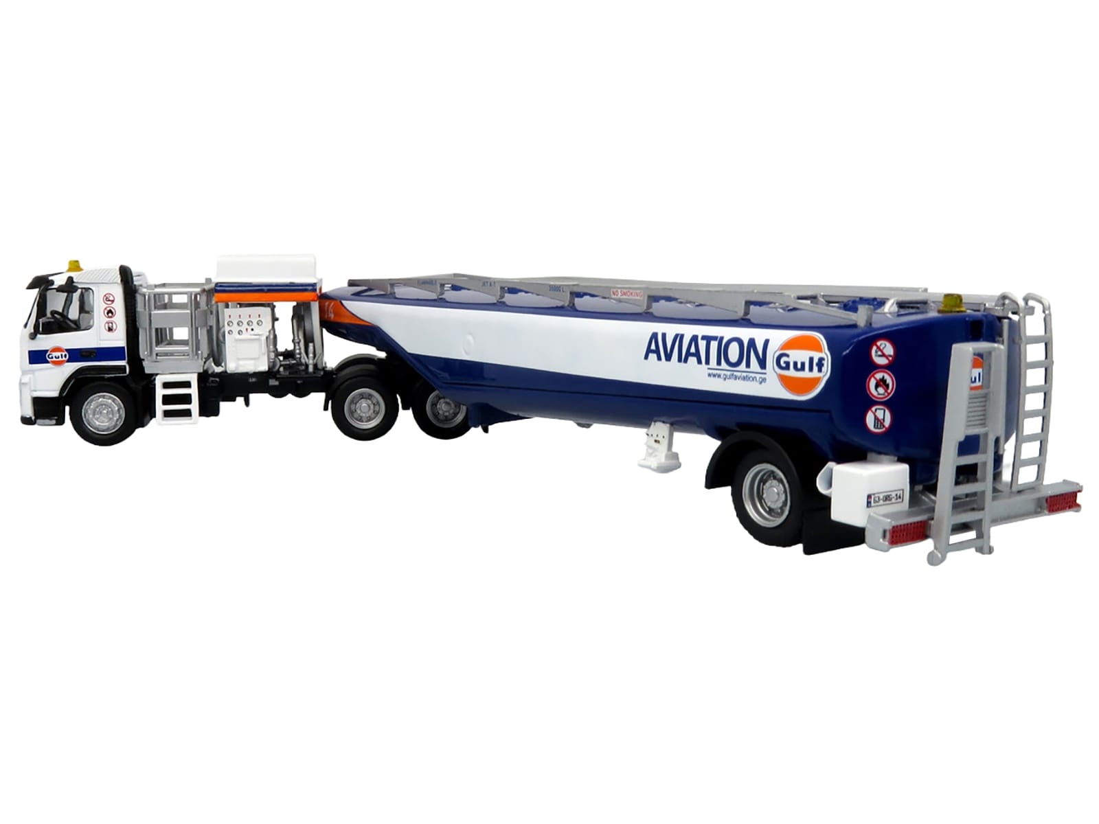 Volvo FM500 with Esterer Aviation Refueling Tanker Truck "Gulf Aviation" White with Blue Stripes Limited Edition 1/87 (HO) Diecast Model by Iconic Replicas - Image 3