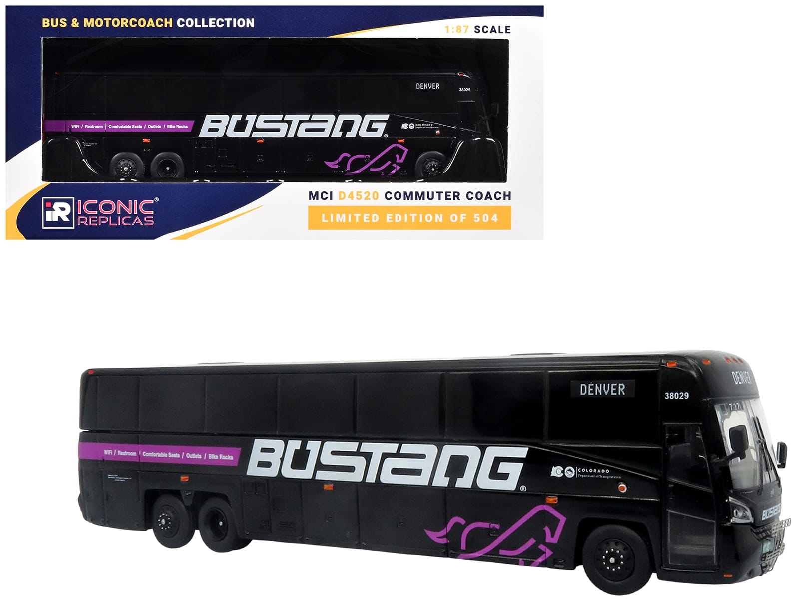 MCI D4520 Commuter Coach Bus "Bustang - Colorado Department of Transportation" Black "The Bus & Motorcoach Collection" Limited Edition to 504 pieces Worldwide 1/87 (HO) Scale Diecast Model by Iconic Replicas