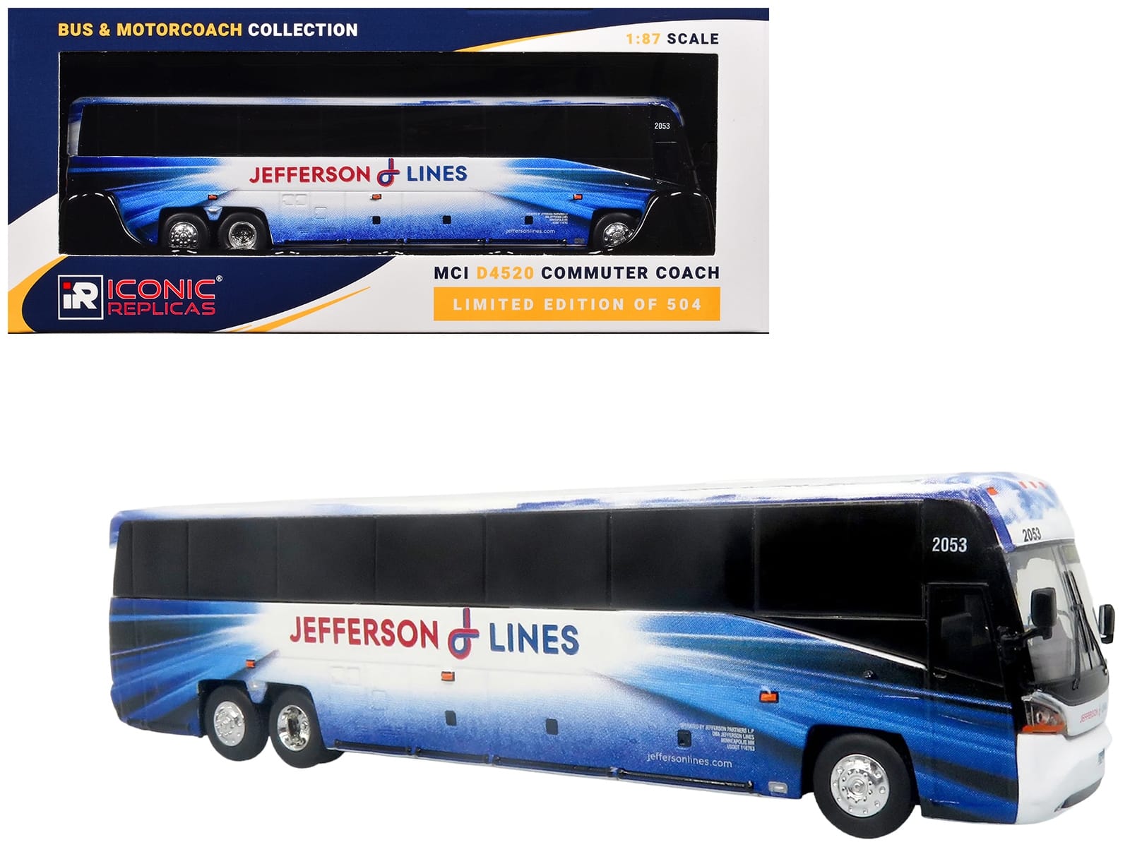 MCI D4520 Commuter Coach Bus "Jefferson Lines" White with Blue Graphics "The Bus & Motorcoach Collection" Limited Edition to 504 pieces Worldwide 1/87 (HO) Scale Diecast Model by Iconic Replicas
