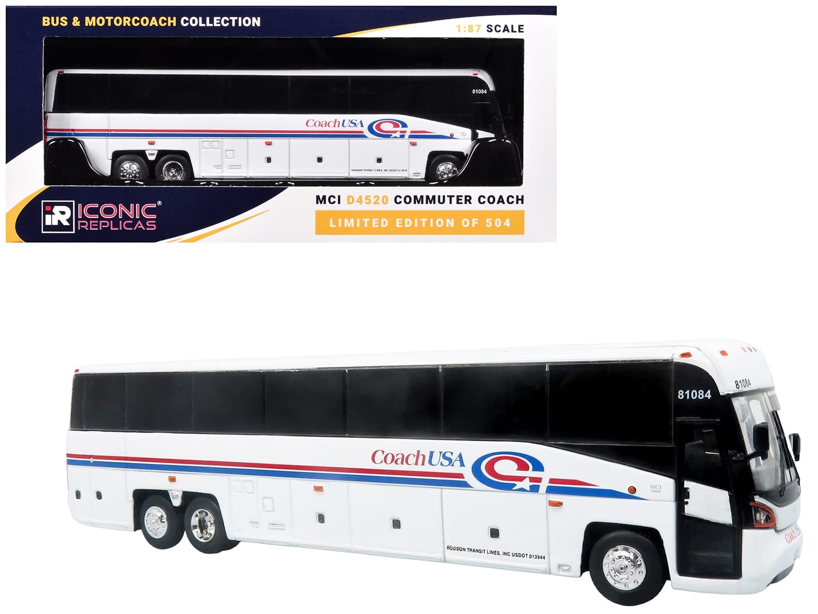 MCI D4520 Commuter Coach Bus "Coach USA" White with Blue and Red Stripes "The Bus & Motorcoach Collection" Limited Edition to 504 pieces Worldwide 1/87 (HO) Scale Diecast Model by Iconic Replicas