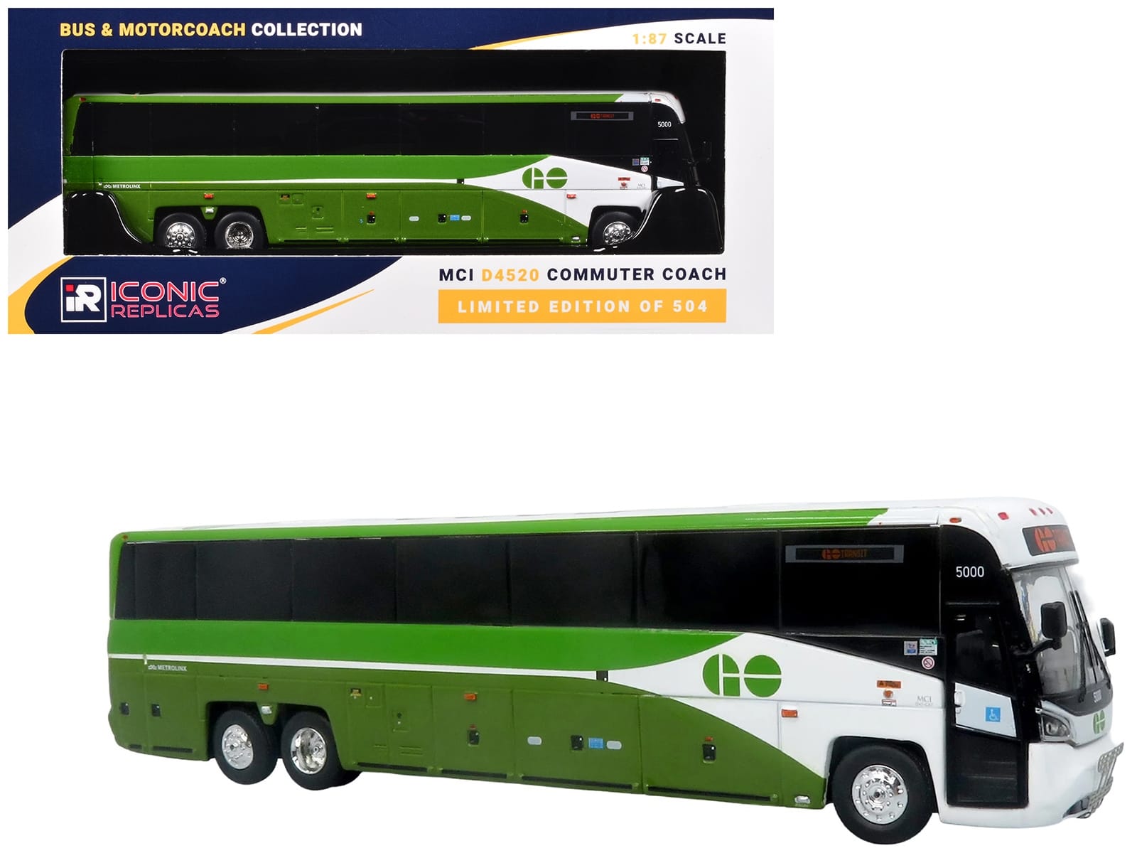 MCI D4520 Commuter Coach Bus "GO Transit" Green and White "The Bus & Motorcoach Collection" Limited Edition to 504 pieces Worldwide 1/87 (HO) Scale Diecast Model by Iconic Replicas