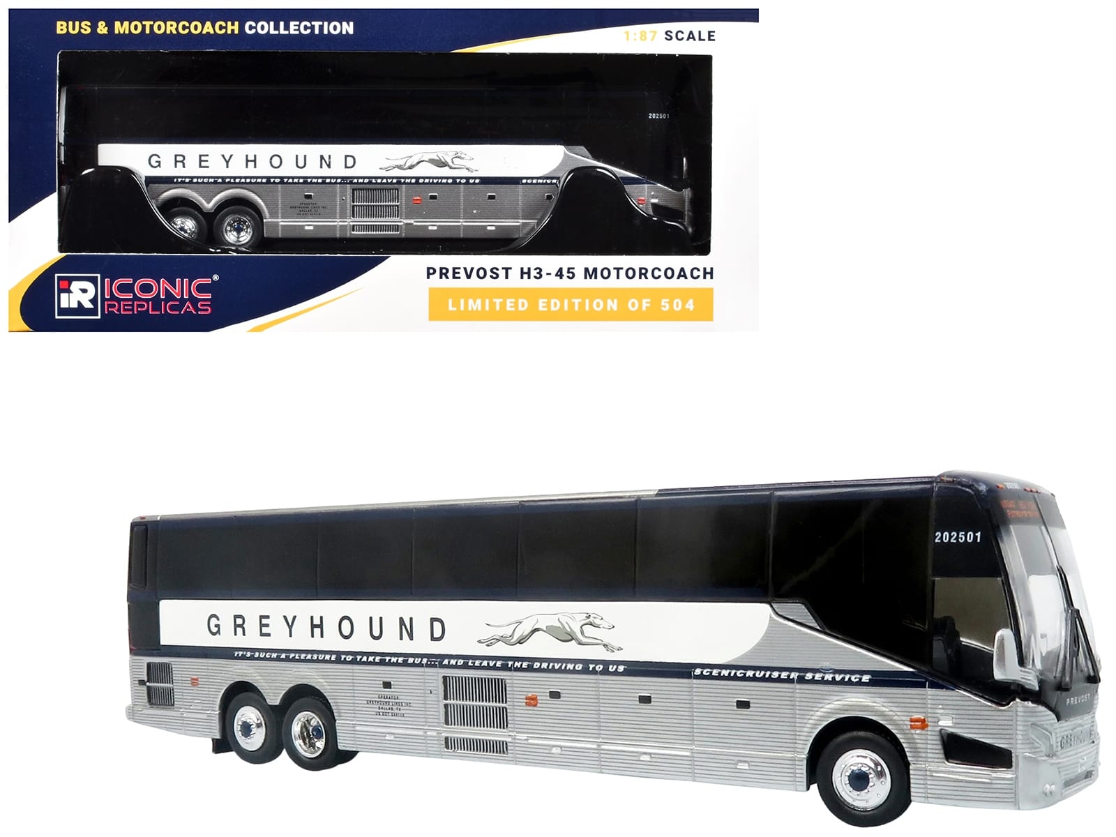 Prevost H3-45 Coach Bus "Greyhound Scenicruiser Service" White and Raw Metal "The Bus & Motorcoach Collection" Limited Edition to 504 pieces Worldwide 1/87 (HO) Scale Diecast Model by Iconic Replicas