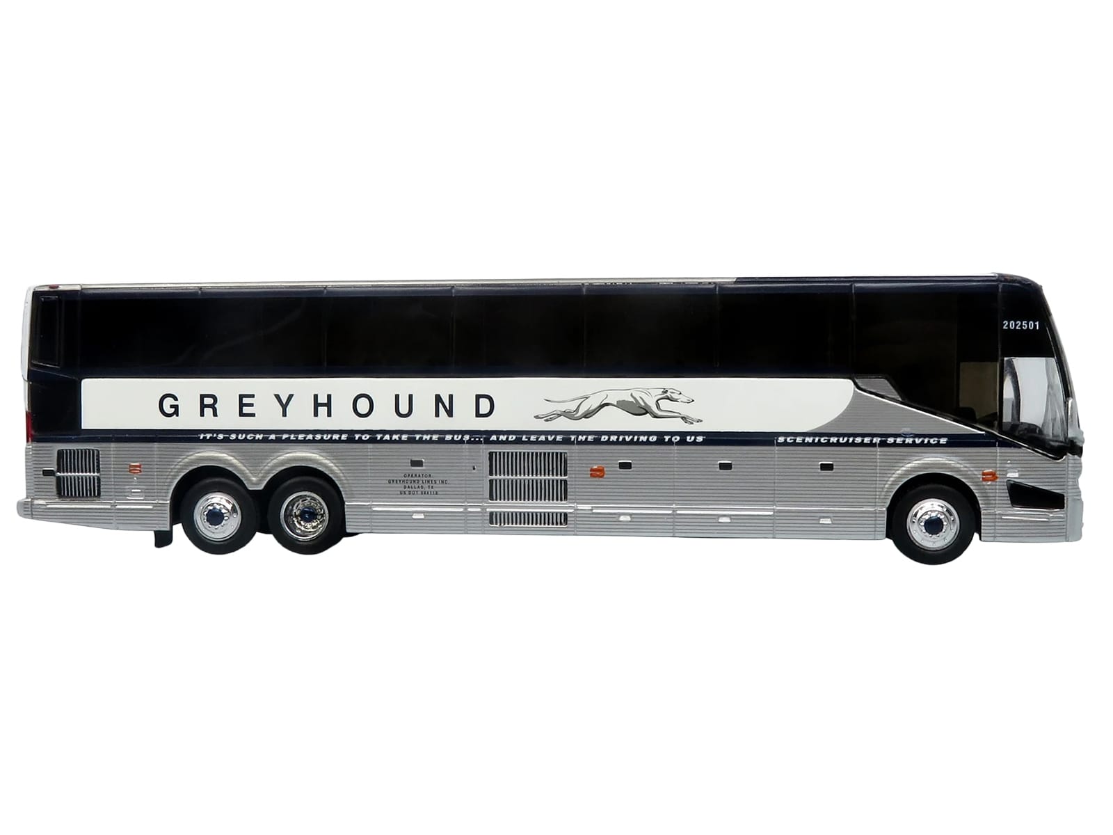 Prevost H3-45 Coach Bus "Greyhound Scenicruiser Service" White and Raw Metal "The Bus & Motorcoach Collection" Limited Edition to 504 pieces Worldwide 1/87 (HO) Scale Diecast Model by Iconic Replicas - Image 2