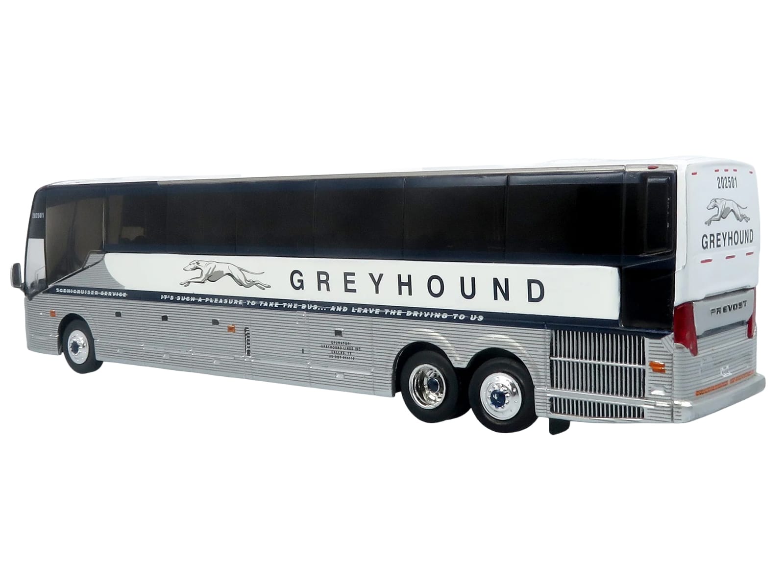 Prevost H3-45 Coach Bus "Greyhound Scenicruiser Service" White and Raw Metal "The Bus & Motorcoach Collection" Limited Edition to 504 pieces Worldwide 1/87 (HO) Scale Diecast Model by Iconic Replicas - Image 3