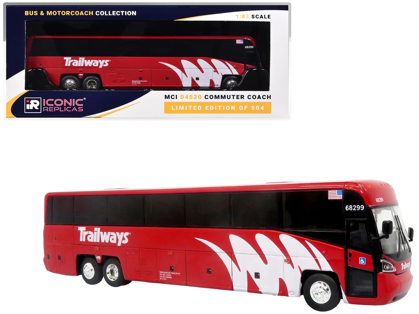 MCI D4520 Commuter Coach Bus "Burlington Trailways" Red with White Graphics "The Bus & Motorcoach Collection" Limited Edition to 504 pieces Worldwide 1/87 (HO) Scale Diecast Model by Iconic Replicas