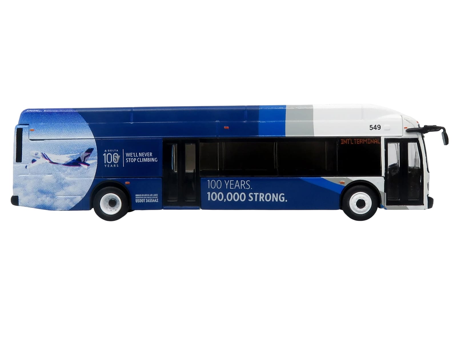 New Flyer Xcelsior XN40 Transit Bus "Delta Air Lines 100th Anniversary" Blue and White with Graphics "The Bus & Motorcoach Collection" Limited Edition 1/87 (HO) Scale Diecast Model by Iconic Replicas - Image 2