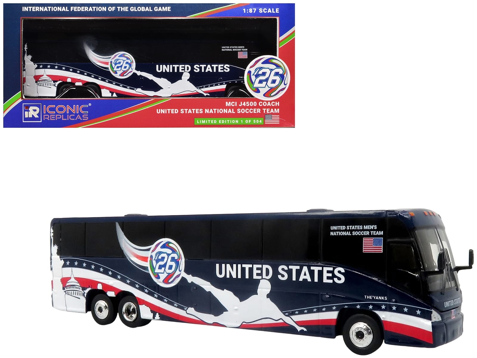 MCI J4500 Coach Bus "United States National Soccer Team" Dark Blue with Graphics "International Federation of the Global Game" Series Limited Edition to 504 pieces Worldwide 1/87 (HO) Diecast Model by Iconic Replicas