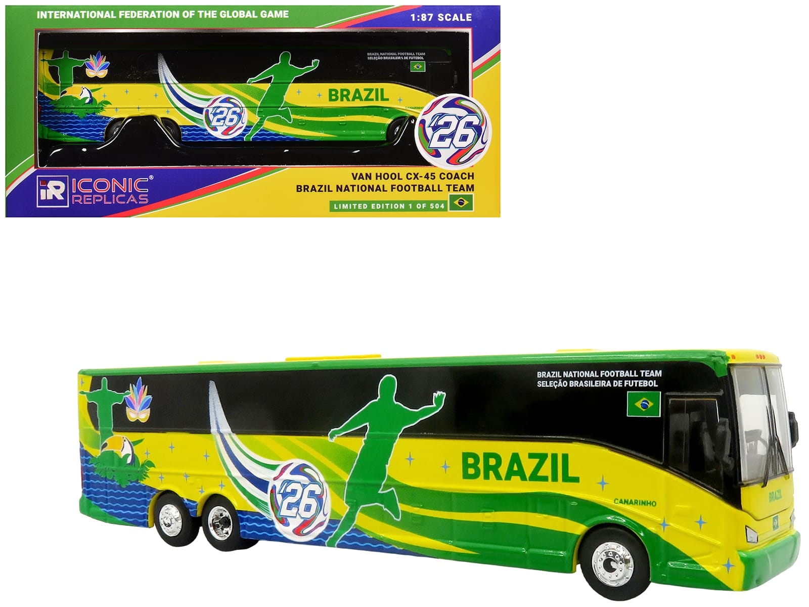 Van Hool CX-45 Coach Bus "Brazil National Football Team" Yellow and Green with Graphics "International Federation of the Global Game" Series Limited Edition to 504 pieces Worldwide 1/87 (HO) Diecast Model by Iconic Replicas