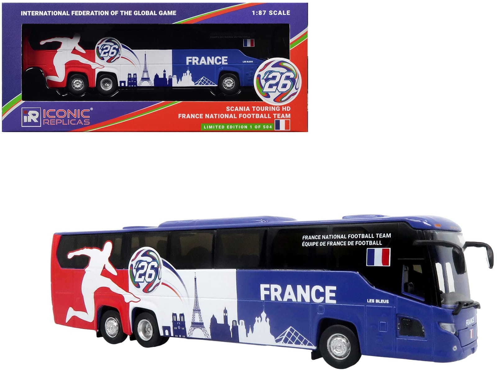 Scania Touring HD Coach Bus "France National Football Team" Blue with Graphics "International Federation of the Global Game" Series Limited Edition to 504 pieces Worldwide 1/87 (HO) Diecast Model by Iconic Replicas