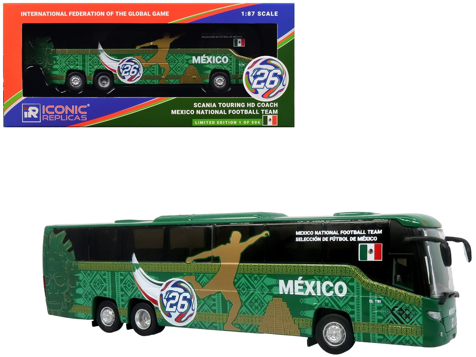 Scania Touring HD Coach Bus "Mexico National Football Team" Green with Graphics "International Federation of the Global Game" Series Limited Edition to 504 pieces Worldwide 1/87 (HO) Diecast Model by Iconic Replicas