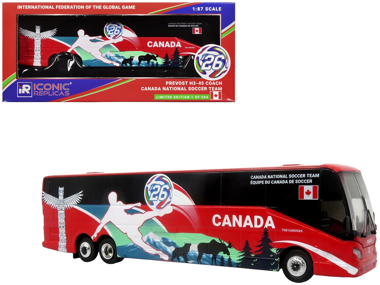 Prevost H3-45 Coach Bus "Canada National Soccer Team" Red with Graphics "International Federation of the Global Game" Series Limited Edition to 504 pieces Worldwide 1/87 (HO) Diecast Model by Iconic Replicas