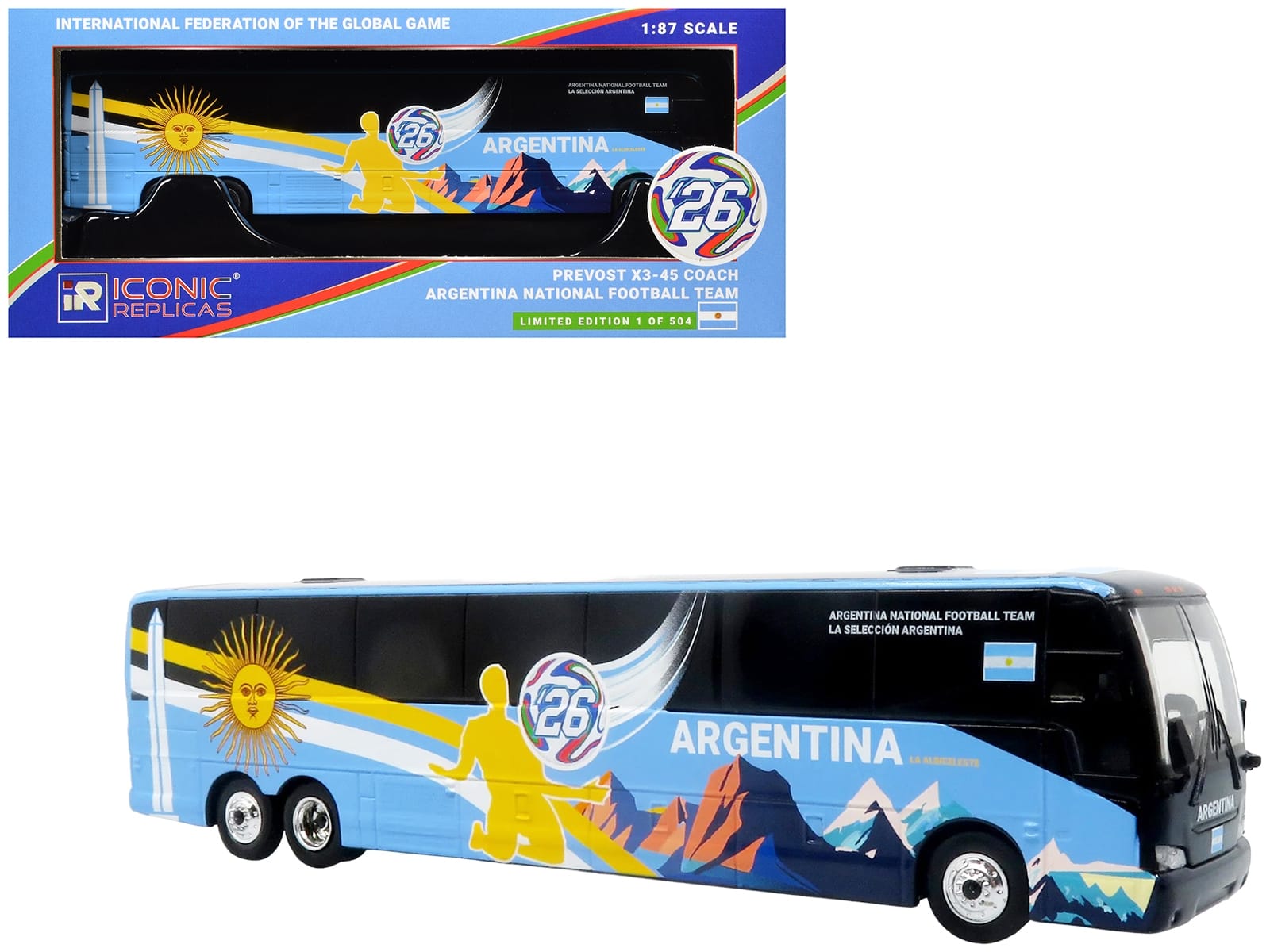 Prevost X3-45 Coach Bus "Argentina National Football Team" Blue with Graphics "International Federation of the Global Game" Series Limited Edition to 504 pieces Worldwide 1/87 (HO) Diecast Model by Iconic Replicas