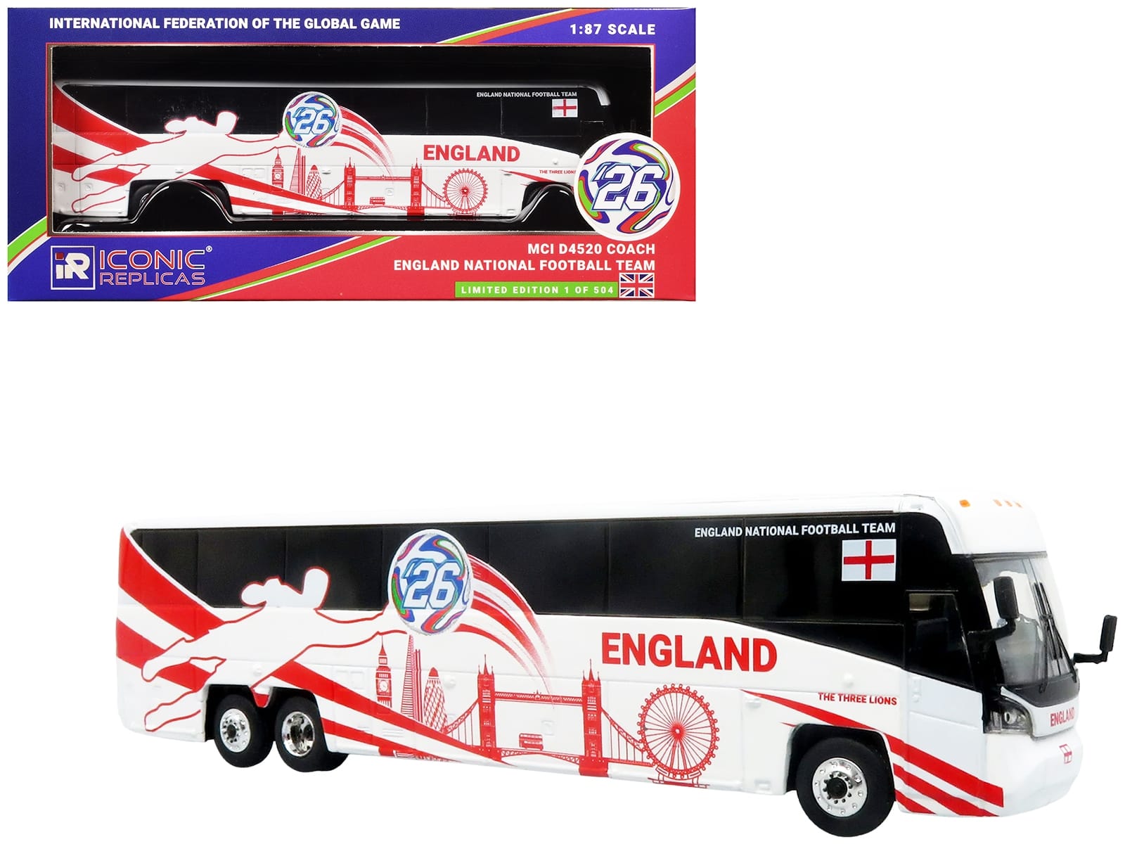 MCI D4520 Coach Bus "England National Football Team" White with Graphics "International Federation of the Global Game" Series Limited Edition to 504 pieces Worldwide 1/87 (HO) Diecast Model by Iconic Replicas