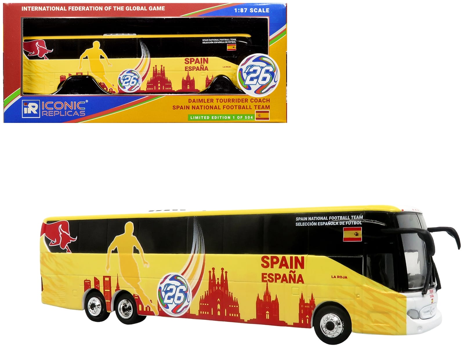 Daimler Tourrider Coach Bus "Spain National Football Team" Yellow with Graphics "International Federation of the Global Game" Series Limited Edition to 504 pieces Worldwide 1/87 (HO) Diecast Model by Iconic Replicas