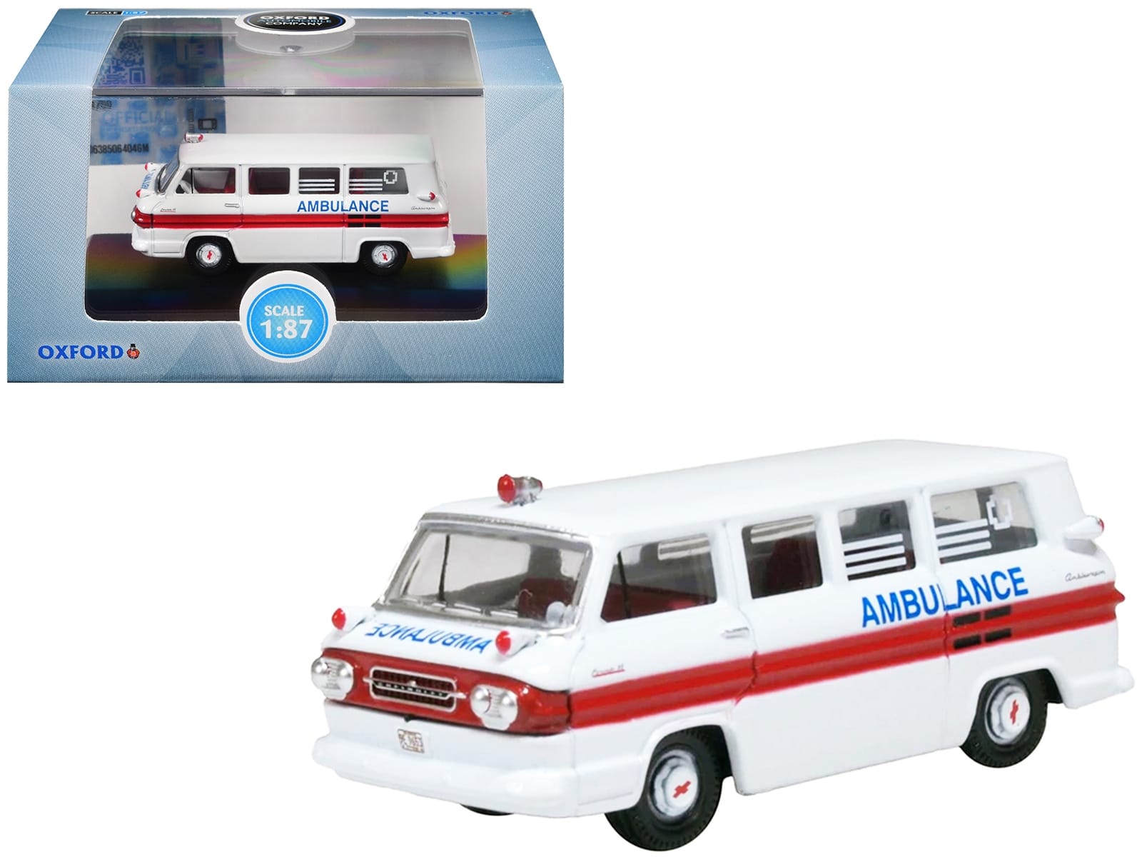 1962 Chevrolet Corvair Greenbrier AmbleWagon Ambulance White with Red Stripes 1/87 (HO) Scale Diecast Model Car by Oxford Diecast