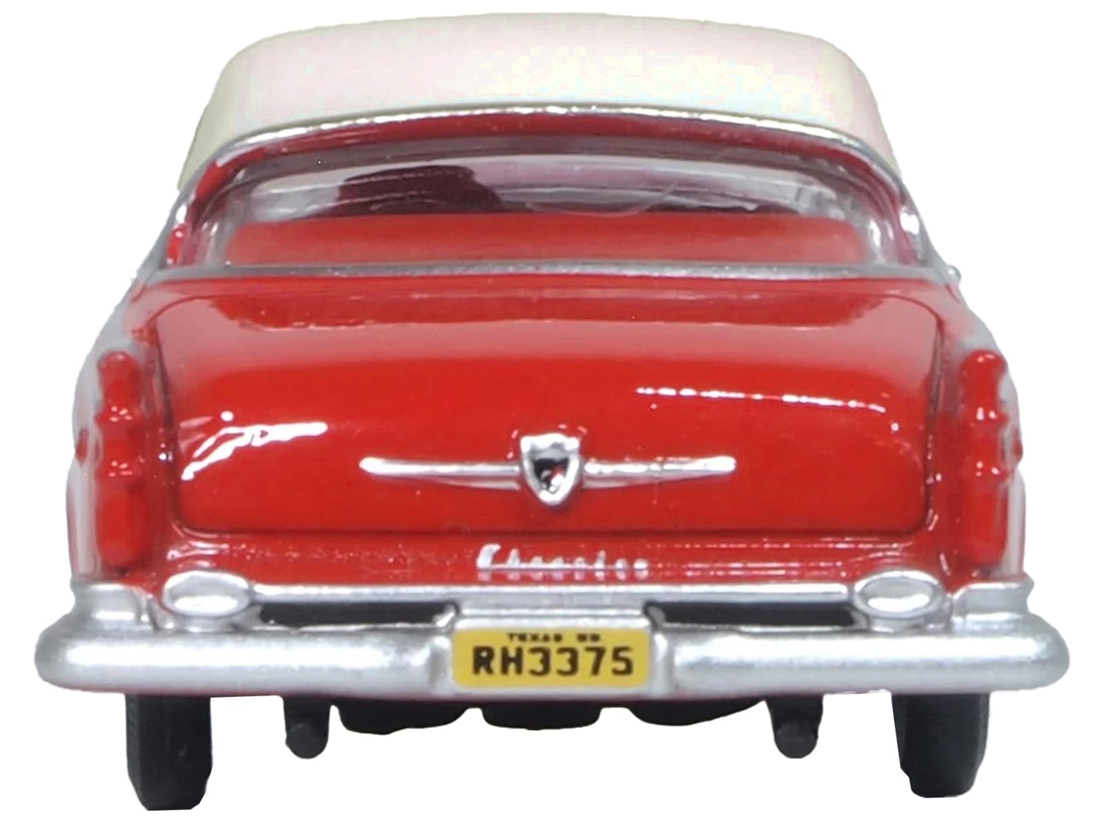 1955 Chrysler New Yorker Deluxe St. Regis Tango Red and Platinum Metallic 1/87 (HO) Scale Diecast Model Car by Oxford Diecast - Image 3