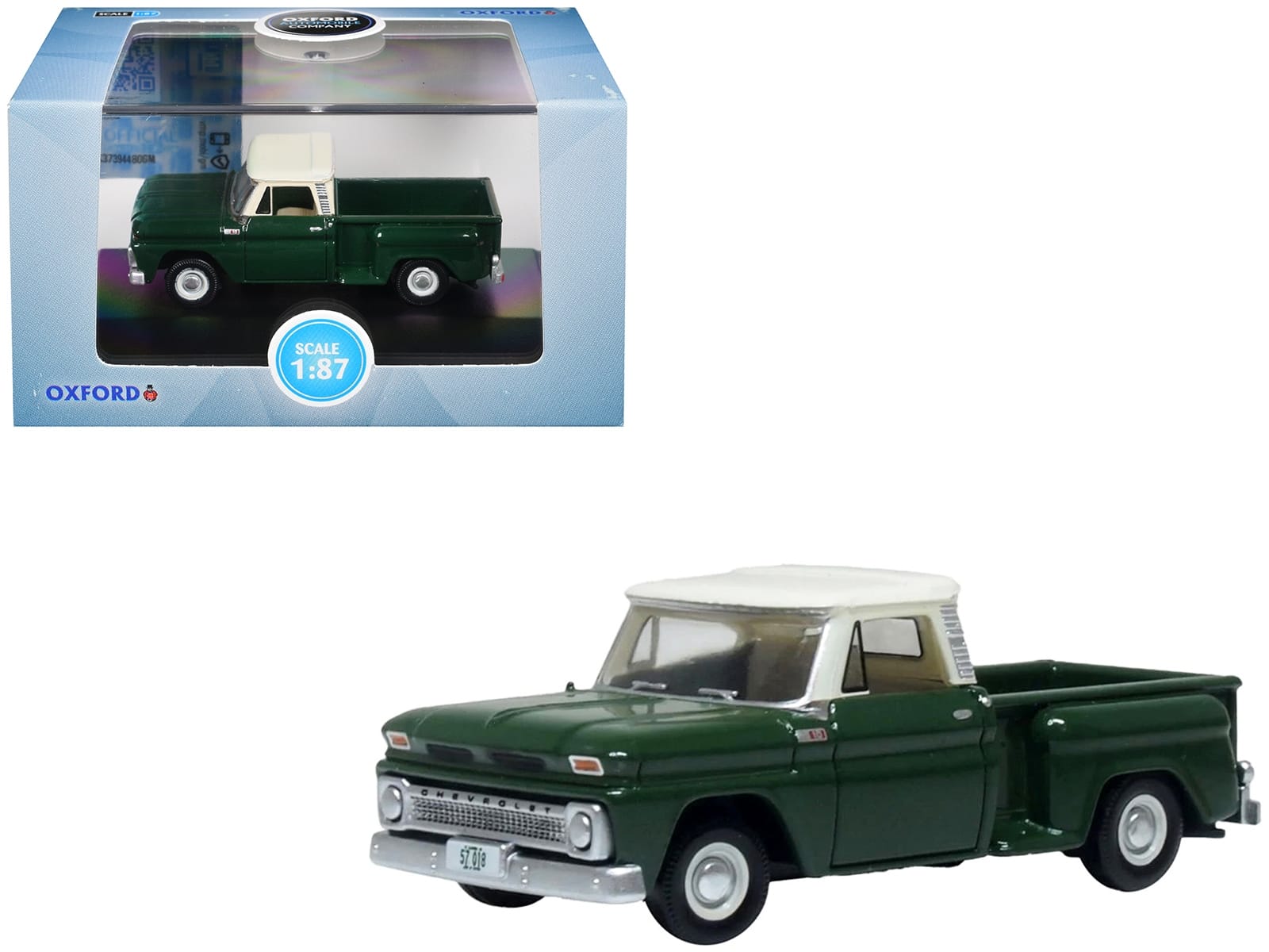 1965 Chevrolet C10 Stepside Pickup Truck Dark Green with Ivory Top 1/87 (HO) Scale Diecast Model Car by Oxford Diecast