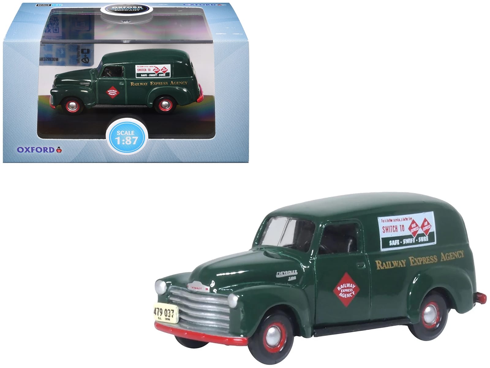 1950 Chevrolet Panel Van "Railway Express Agency" Dark Green 1/87 (HO) Scale Diecast Model Car by Oxford Diecast - Image 4