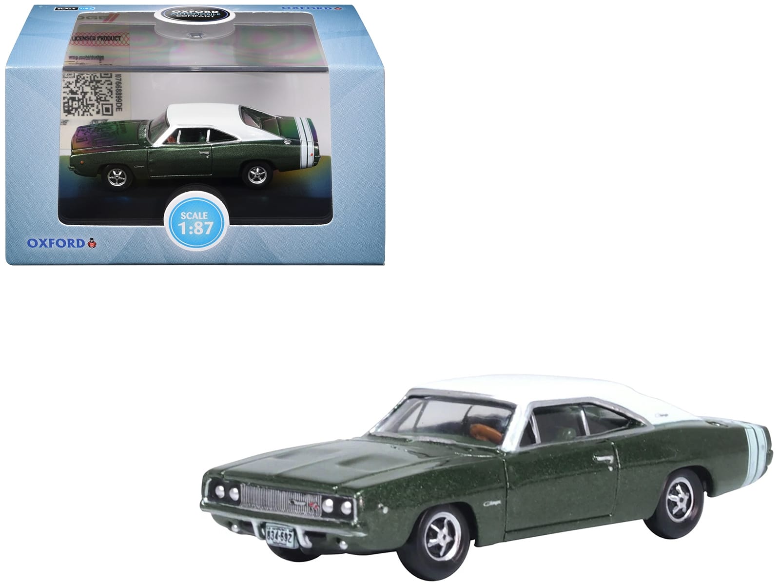 1968 Dodge Charger Racing Green Metallic with White Top and Tail Stripe 1/87 (HO) Scale Diecast Model Car by Oxford Diecast - Image 2