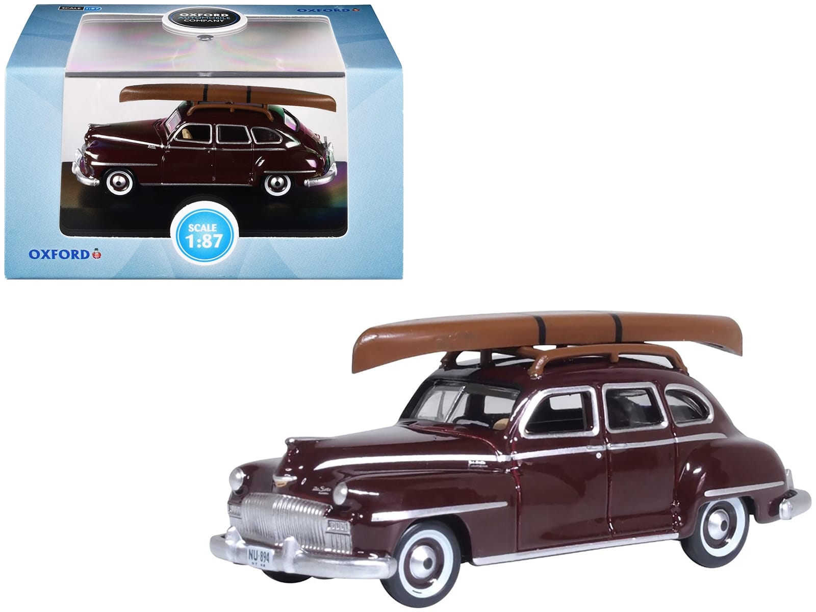 1946 DeSoto Suburban with Roof Rack and Canoe Royal Maroon 1/87 (HO) Scale Diecast Model Car by Oxford Diecast - Image 4