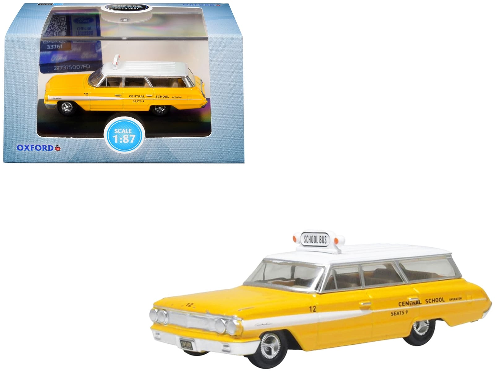 1964 Ford Country Station Wagon "Central School Bus" Yellow with White Top 1/87 (HO) Scale Diecast Model Car by Oxford Diecast