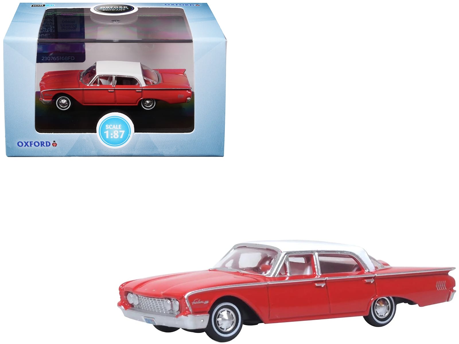 1960 Ford Fairlane Sedan 500 Monte Carlo Red with Corinthian White Top and Interior 1/87 (HO) Scale Diecast Model Car by Oxford Diecast - Image 4