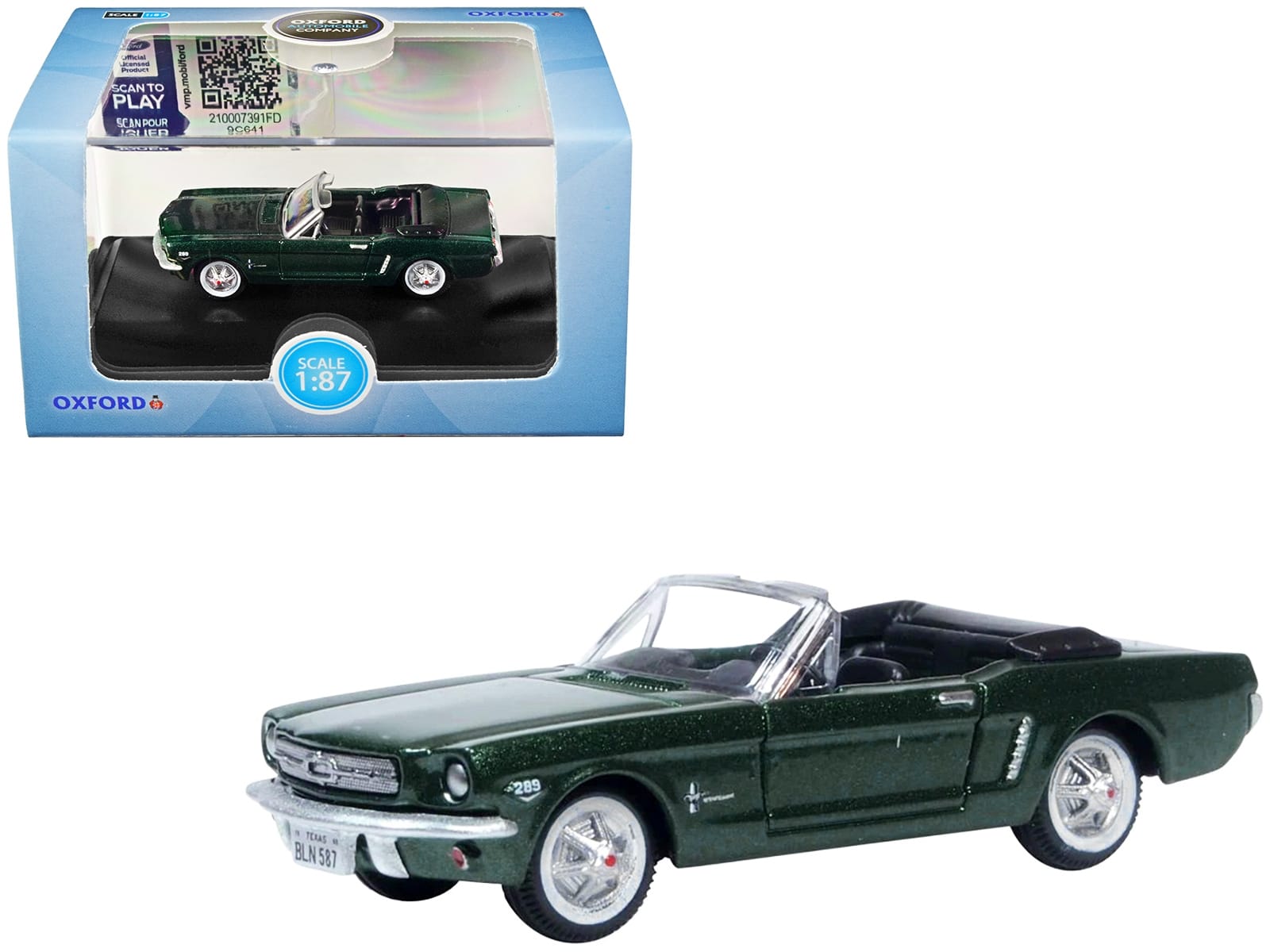 1965 Ford Mustang Convertible Ivy Green Metallic 1/87 (HO) Scale Diecast Model Car by Oxford Diecast - Image 3