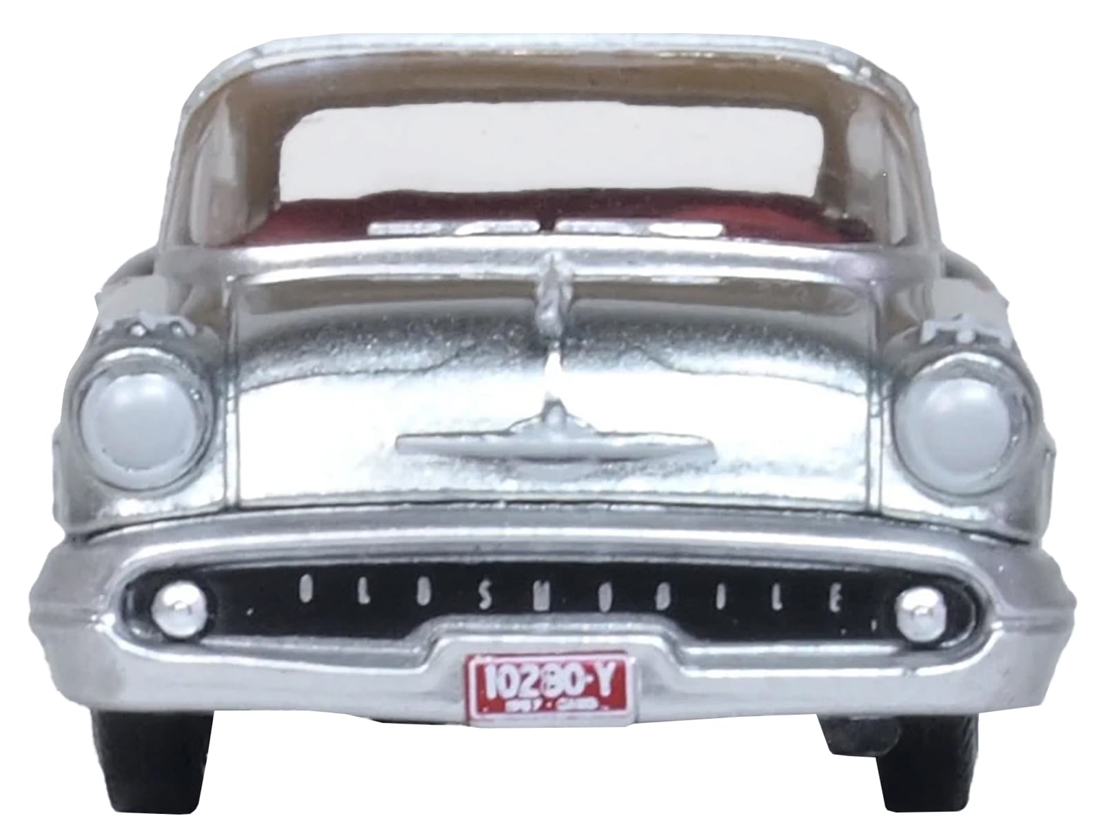 1957 Oldsmobile 88 Convertible (Top-Up) Juneau Gray with White Top and Red Interior 1/87 (HO) Scale Diecast Model Car by Oxford Diecast - Image 2