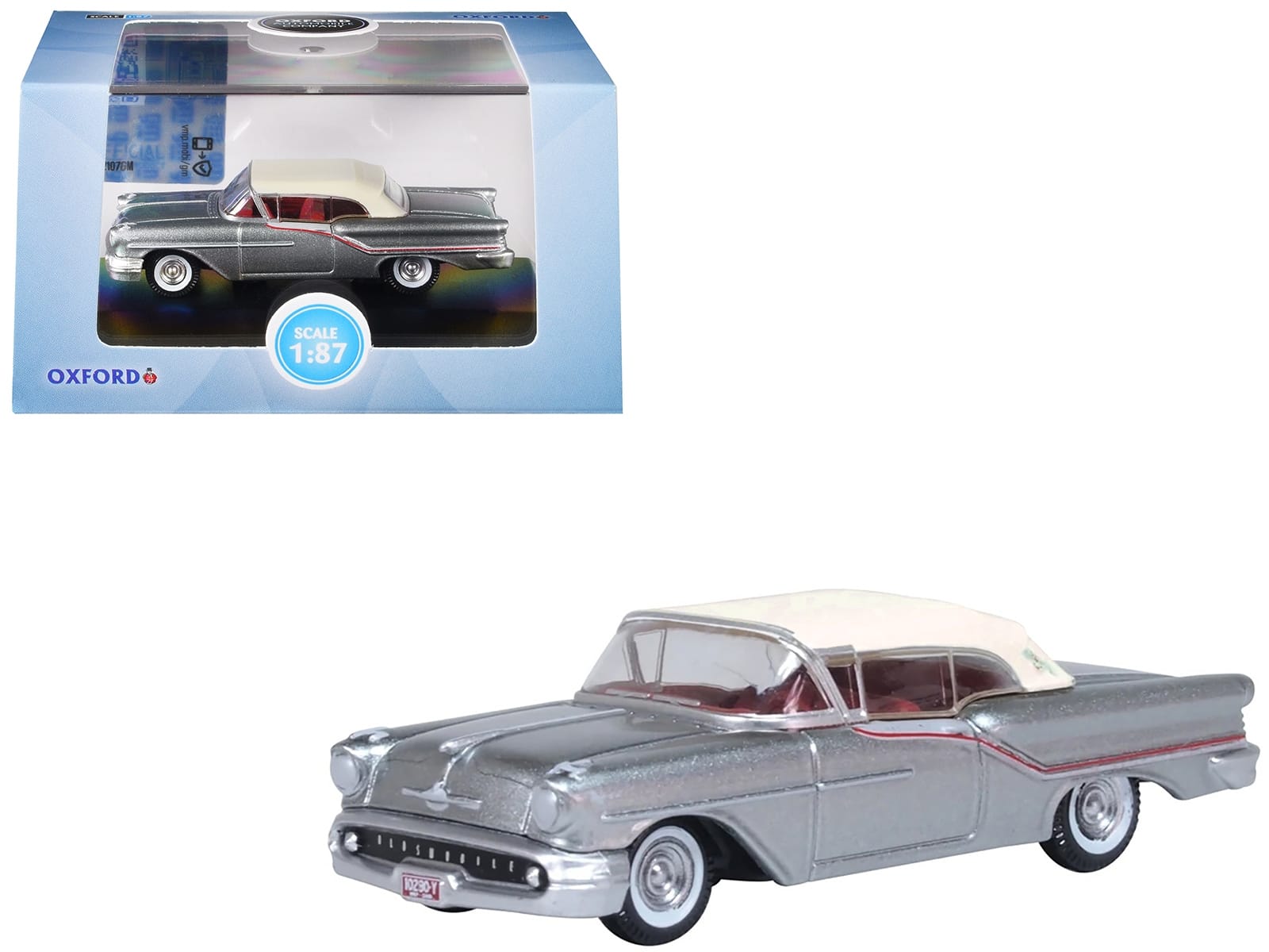 1957 Oldsmobile 88 Convertible (Top-Up) Juneau Gray with White Top and Red Interior 1/87 (HO) Scale Diecast Model Car by Oxford Diecast - Image 4