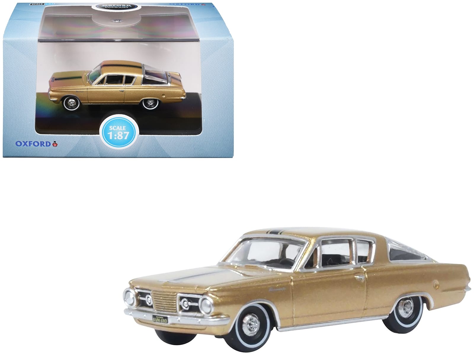 1965 Plymouth Barracuda Gold Metallic with Black Stripes 1/87 (HO) Scale Diecast Model Car by Oxford Diecast - Image 3