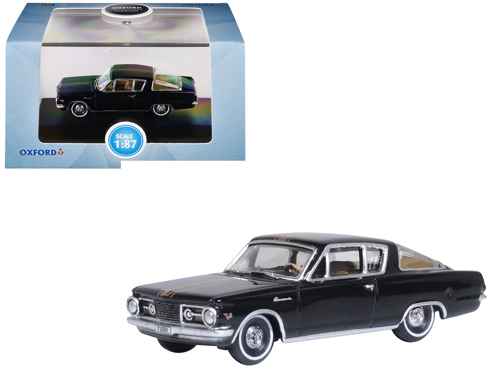 1965 Plymouth Barracuda Black with Gold Stripes 1/87 (HO) Scale Diecast Model Car by Oxford Diecast - Image 2