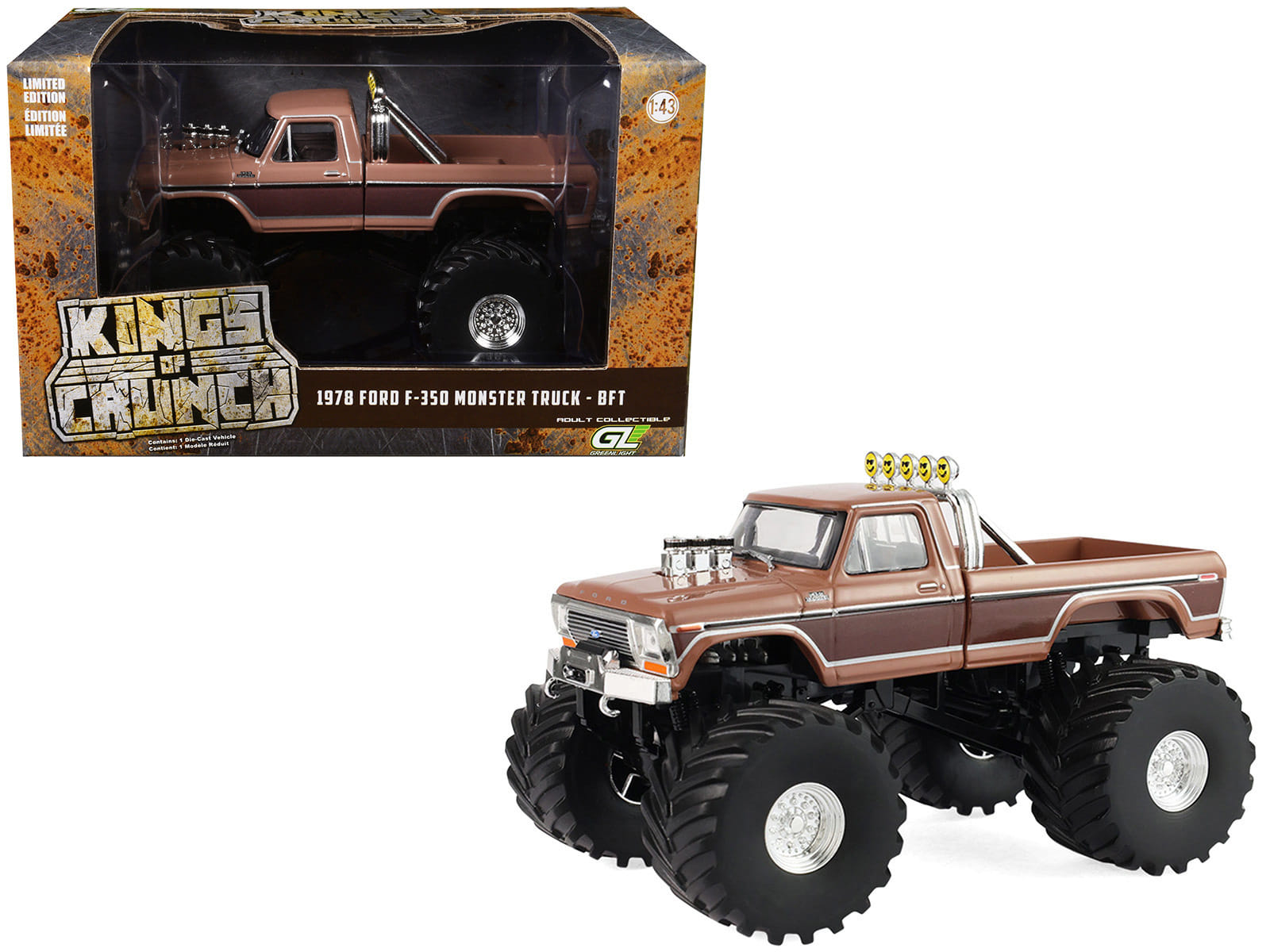1978 Ford F-350 Monster Truck with 66-Inch Tires "BFT" Brown Two-Tone "Kings of Crunch" Series 1/43 Diecast Model Car by Greenlight