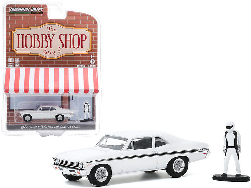 1972 Chevrolet Rally Nova White with Black Stripes with Race Car Driver Figurine “The Hobby Shop”...